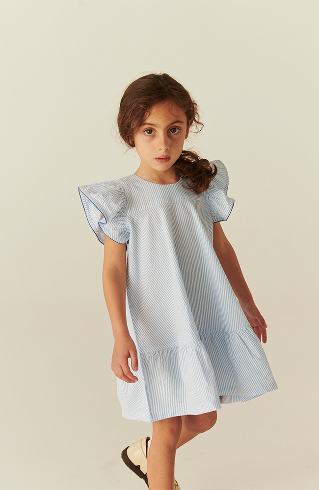 Seersucker Dress w/ Frill Sleeves - Sky Blue w/ Cream Stripe Copenhagen Colors Klänning