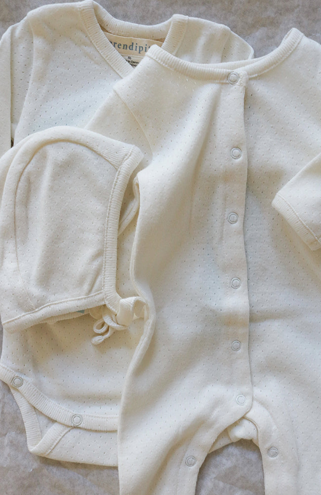 Newborn Suit w/ feet - Offwhite Pointelle Serendipity Organics Onepiece