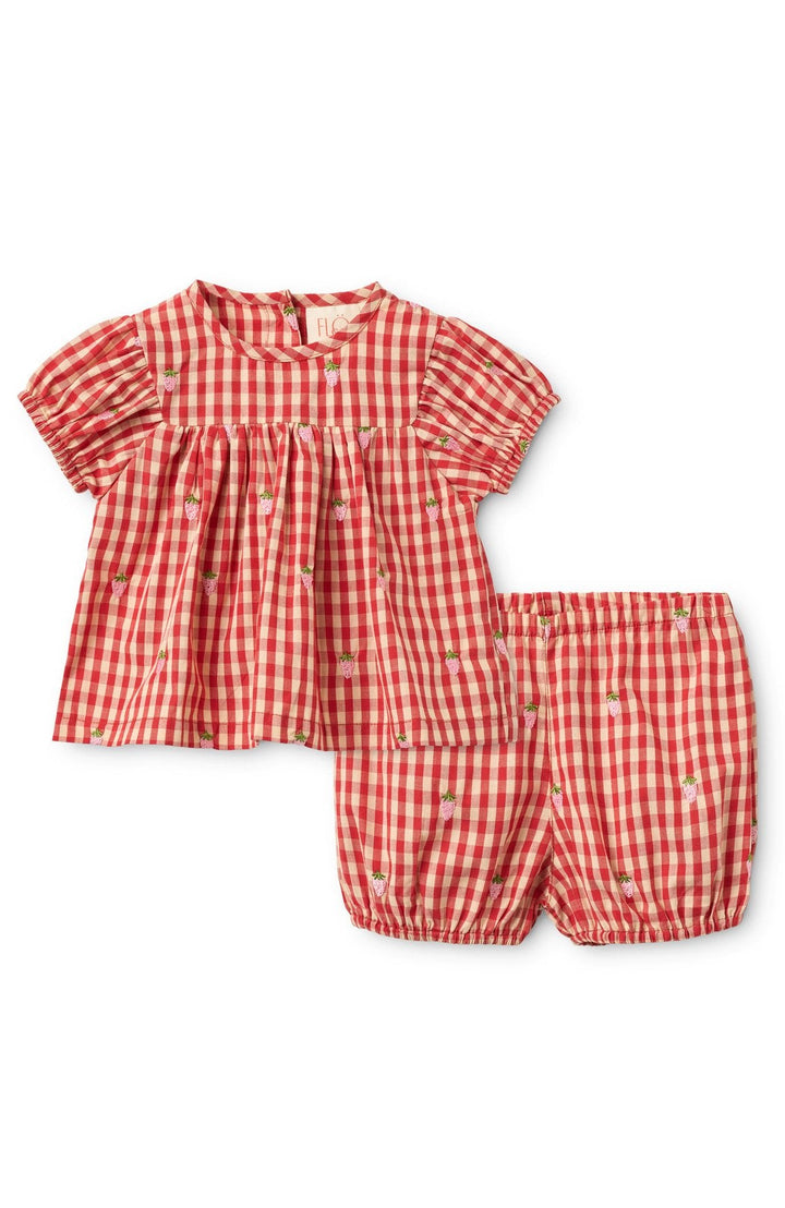Molly Pineberry Baby SS Set - Red-pink Berry Gingham Flöss Baby set