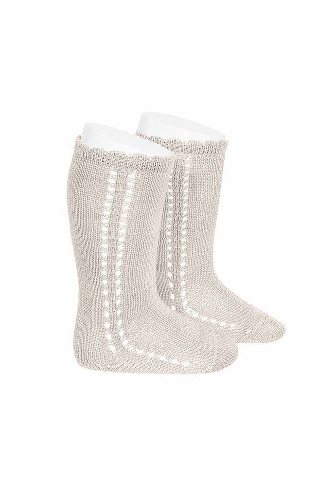 Perle Knee Socks w/ Side Openwork - Linen Condor Strumpor